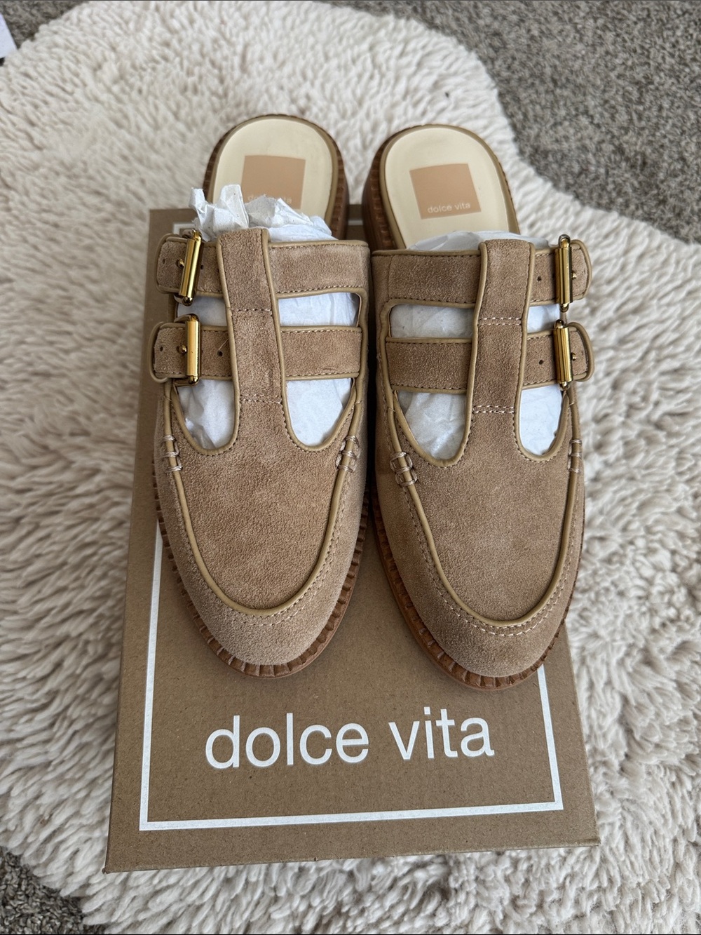 Dolce Vita Beige Suede Double-Buckle Mule Loafers